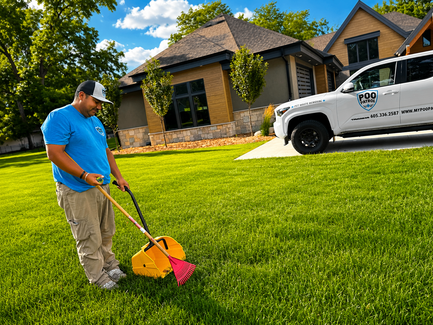 Poo Patrol technician scooping pet waste in a Sioux Falls yard next to a branded service truck