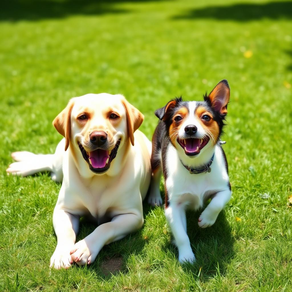 Two happy dogs playing on a green lawn